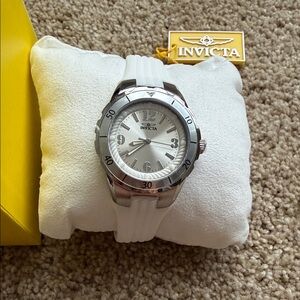 Invicta Silver Dial Watch with White Strap and Stainless Bezel